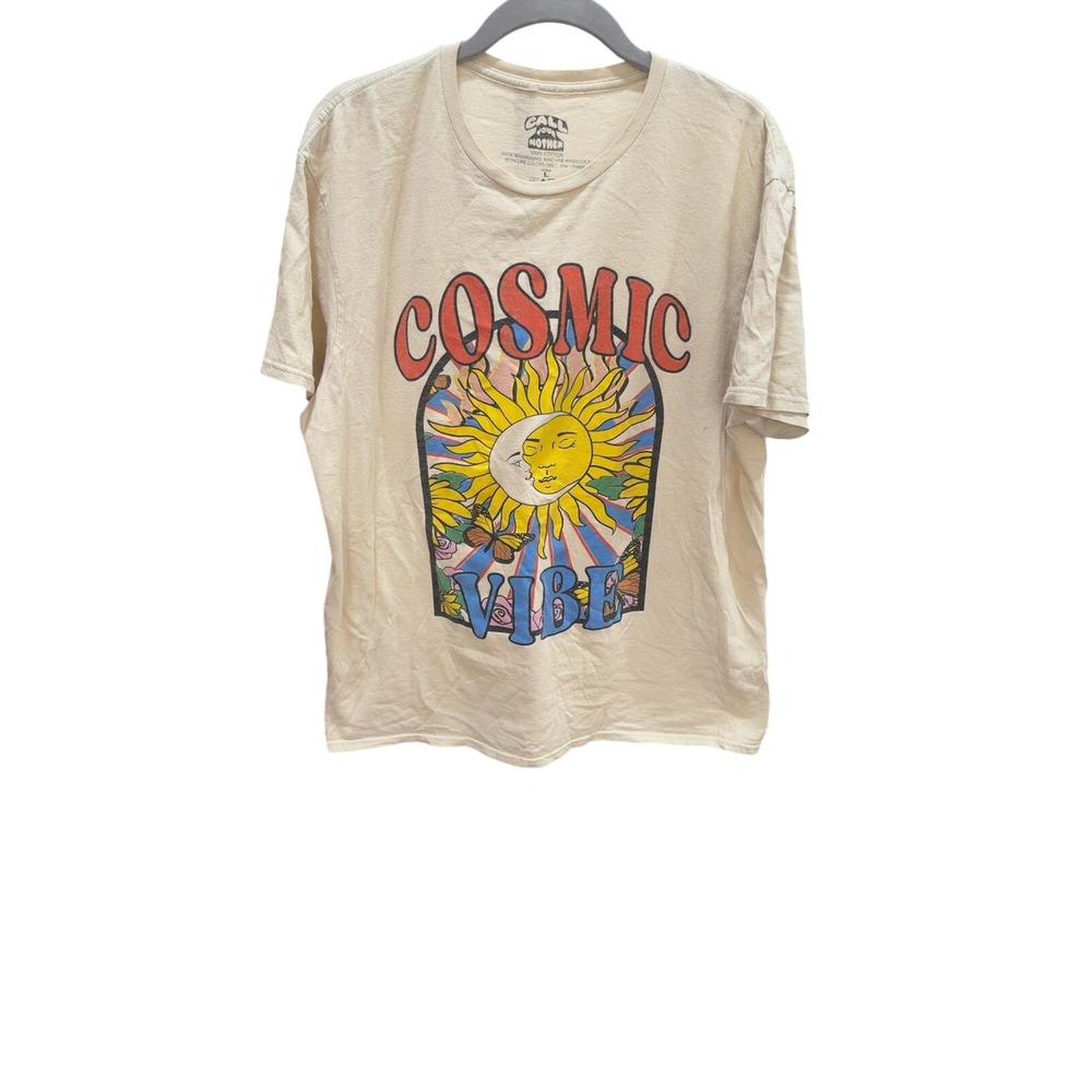 Call Your Mother Cosmic Vibe Graphic T-Shirt Beige Sun Moon Cotton Large